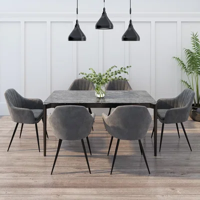 Furniture123 Grey Ceramic Extendable Dining Set with 6 Grey Velvet Dining Chairs - Camilla