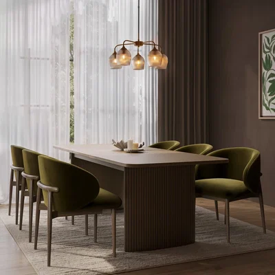 Furniture123 Walnut Finish Extendable Dining Table Set with 6 Green Upholstered Curved Dining Chairs - Seats 6 - Jarel