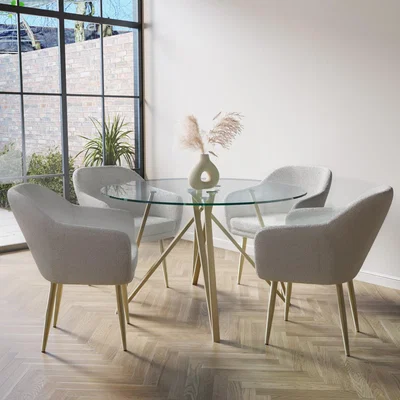 Furniture123 Round Glass Dining Table with Gold Legs with 4 Cream Boucle Dining Chairs - Ally