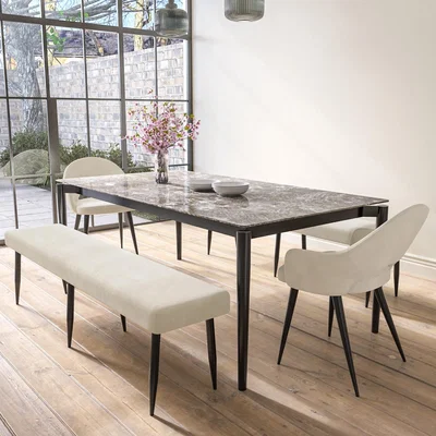 Furniture123 Extendable Grey Marble Dining Table with 2 Beige Dining Chairs and 2 Matching Benches - Camilla
