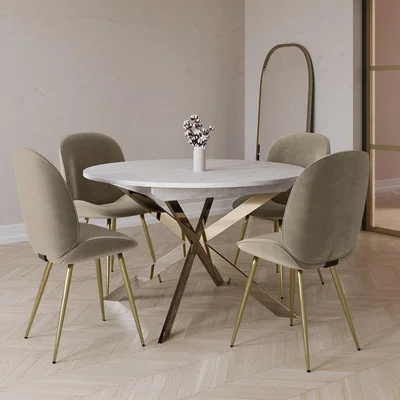 Furniture123 White Marble Effect Round To Oval Extendable Dining Table with 4 Mink Velvet Dining Chairs - Reine