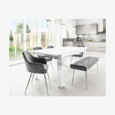 Furniture123 Vivienne White Extendable High Gloss Dining Table with 4 Grey Velvet Dining Chairs & 1 Bench