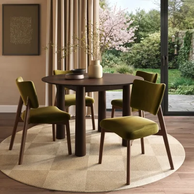 Furniture123 Round Walnut Dining Table Set with 4 Olive Green Velvet Curved Back Dining Chairs - Seats 4 - Hana