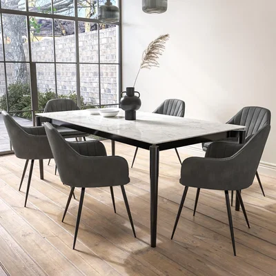 Furniture123 Extendable White Marble Dining Table with 6 Grey Faux Leather Dining Chairs - Camilla