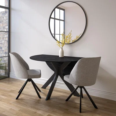 Furniture123 Round Drop Leaf Black Dining Table with 2 Grey Fabric Swivel Dining Chairs - Carson