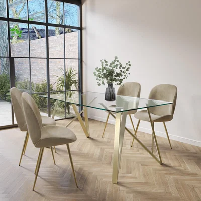 Furniture123 Rectangle Glass Dining Table with 4 Mink Velvet Dining Chairs - Dax