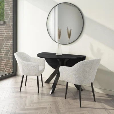 Furniture123 Black Round Drop Leaf Dining Table with 2 Cream Boucle Dining Chairs - Carson