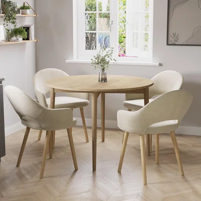 Furniture123 Round Oak Drop Leaf Dining Table with 4 Beige Fabric Dining Chairs - Rudy