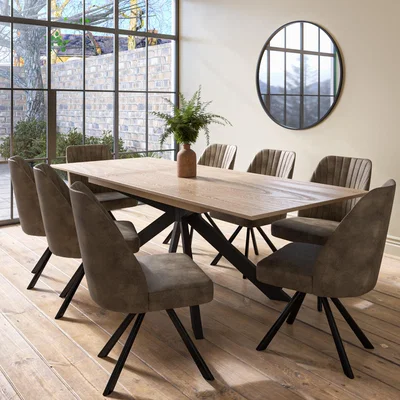 Furniture123 Extendable Oak Dining Table with 8 Brown Faux Leather Swivel Dining Chairs - Carson