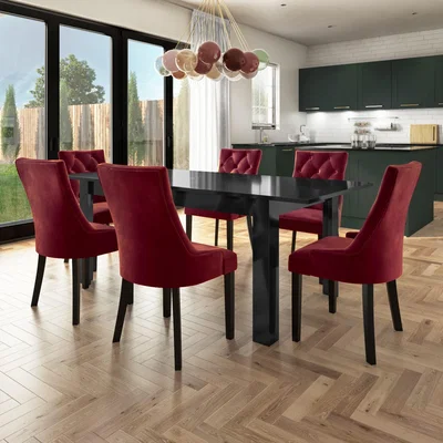 Furniture123 Black Extending High Gloss Dining Table with 6 Wine Velvet Dining Chairs - Vivienne