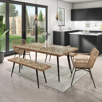 Furniture123 Herringbone Mango Wood Dining Table with 2 Matching Dining Benches and 2 Rattan Effect Dining Chairs - Arno