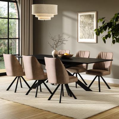 Furniture123 Black Extendable Dining Table Set with 6 Beige Faux Leather Swivel Dining Chairs - Seats 6 - Carson