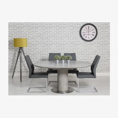 Furniture123 Extendable Concrete Round Dining Table & 4 Grey Faux Leather Chairs