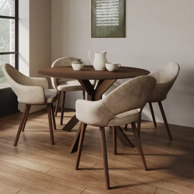 Furniture123 Round Walnut Drop Leaf Dining Table Set with 4 Beige Faux Leather Chairs - Seats 4 - Carson