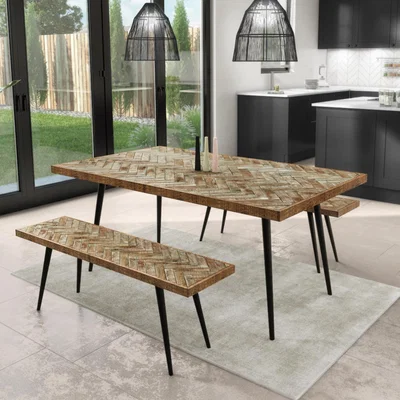Furniture123 Herringbone Solid Wood Dining Table Set with Benches