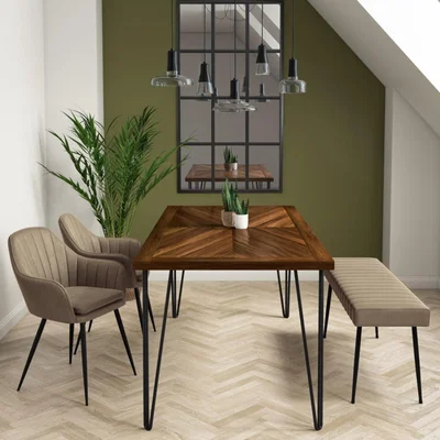 Furniture123 Drew Dark Wood Dining Table with 2 Dining Chairs & 1 Bench in Beige Faux Leather