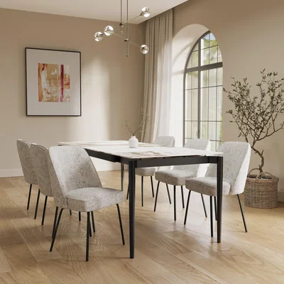 Furniture123 Large Marble Ceramic Dining Table Set with 6 Curved Dining Chairs in Neutral Coloured Fabric- Camilla