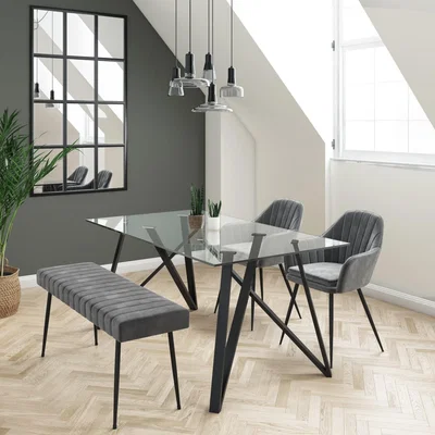 Furniture123 Glass Top Dining Table with 2 Grey Velvet Dining Chairs and 1 Matching Bench - Dax