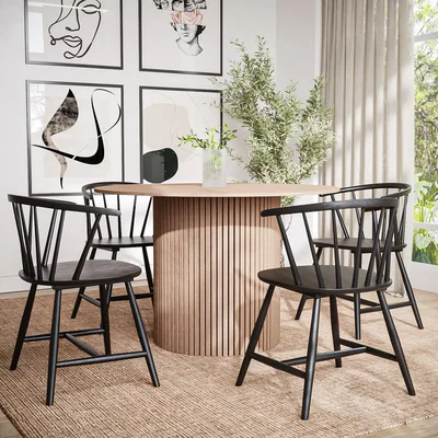Furniture123 Round Oak Dining Table with 4 Black Curved Spindle Chairs - Jarel
