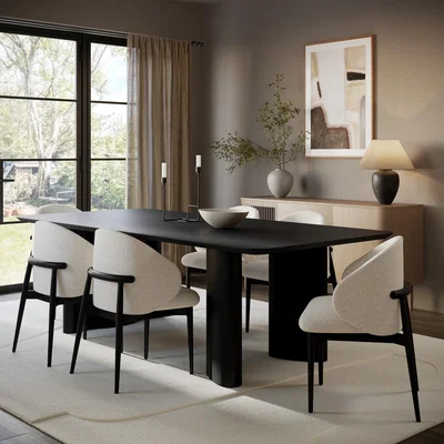 Furniture123 Large Rectangular Black Wooden Dining Table Set with 6 Cream and Black Upholstered Chairs - Seats 6 - Troy