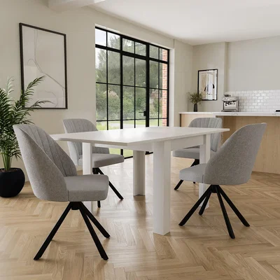 Furniture123 White High Gloss Extendable Dining Table with 4 Grey Fabric Swivel Dining Chairs- Vivienne