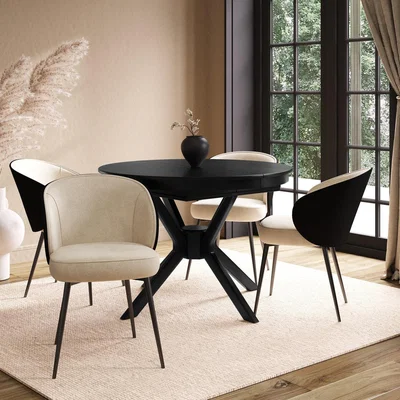 Furniture123 Round Black Extendable Dining Table Set with Beige Upholstered Chairs - Seats 4 - Karie