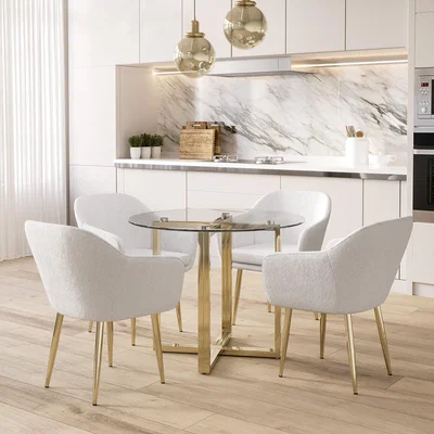 Furniture123 Round Glass Table & 4 Cream Boucle Dining Chairs with Brass legs - Alana Boutique