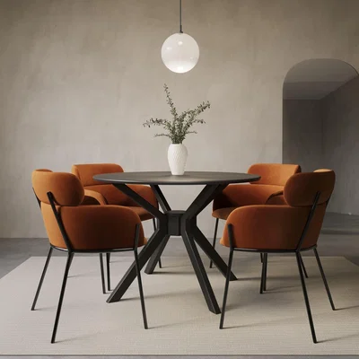 Furniture123 Round Black Dining Table Set with 4 Rust Velvet Chairs - Seats 4 - Karie