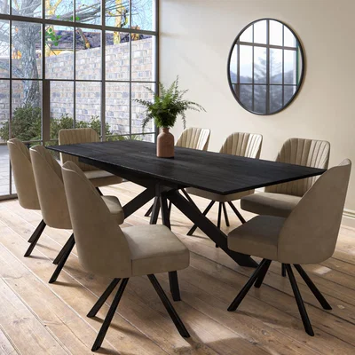 Furniture123 Extendable Black Dining Table with 8 Beige Truffle Swivel Dining Chairs - Carson