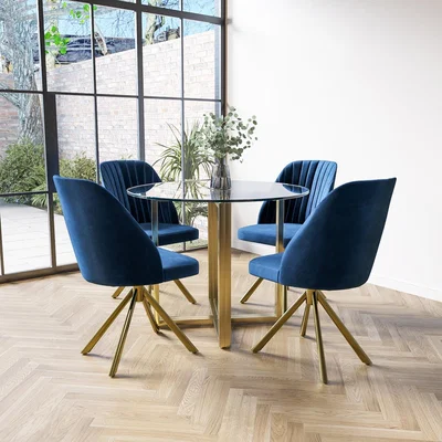 Furniture123 Round Glass Table with Gold Legs & 4 Navy Velvet Swivel Dining Chairs - Alana Boutique