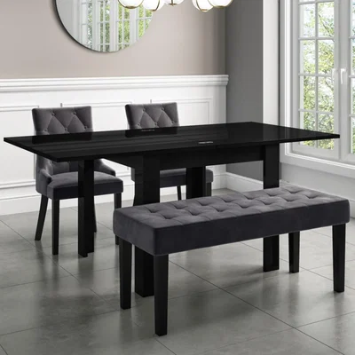 Furniture123 Flip Top Dining Table in Black High Gloss with 2 Grey Velvet Chairs & 1 Bench - Vivienne & Kaylee