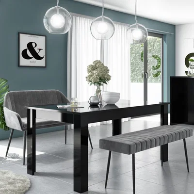 Furniture123 Vivienne Black Extendable Dining Table with 1 Grey Velvet Dining Bench and 1 Grey Velvet High Back Dining Bench