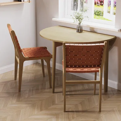 Furniture123 Round Oak Drop Leaf Dining Table with 2 Tan Faux Leather Dining Chairs - Rudy