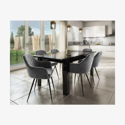Furniture123 Extendable Dining Table in Black High Gloss & 6 Grey Velvet Tub Chairs -  Vivienne