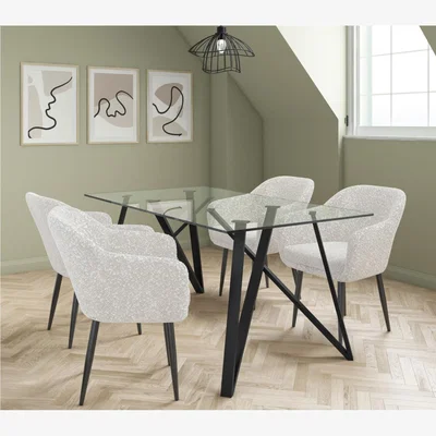 Furniture123 Glass Dining Table with 4 Cream Boucle Dining Chairs - Dax