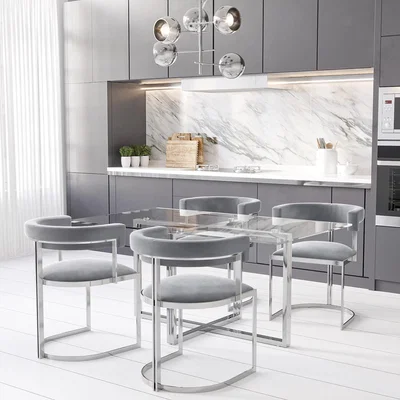 Furniture123 Rectangle Glass Dining Table with 4 Grey Velvet Cantilever Dining Chairs - Alana Boutique