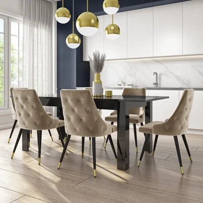 Furniture123 6 Seater Black Extendable Gloss Dining Set with 6 Beige Velvet Buttoned Dining Chairs