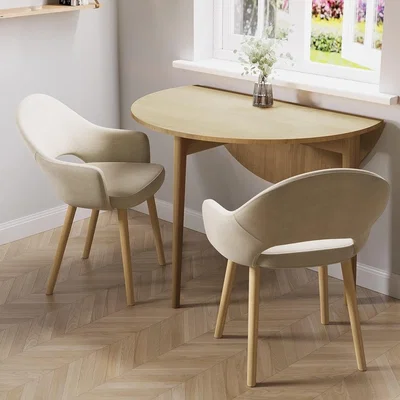 Furniture123 Round Oak Drop Leaf Dining Table with 2 Beige Fabric Dining Chairs - Rudy