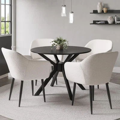 Furniture123 Small Round Black Dining Table with 4 Cream Boucle Dining Chairs - Karie