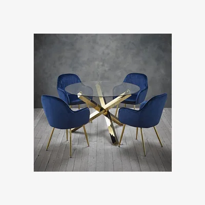 Furniture123 Capri Glass Top Dining Table + 4 Blue Velvet Dining Chairs with Gold Legs