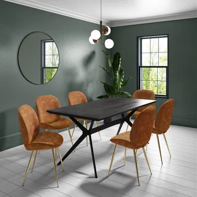 Furniture123 Black Oak Dining Table with 6 Tan Faux Leather Dining Chairs - Rochelle
