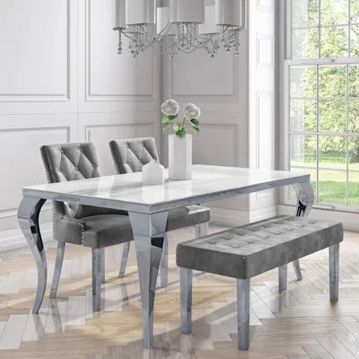 Furniture123 White and Mirrored Dining Table with 2 Grey Velvet Knocker Back Dining Chairs and Bench - Jade Boutique