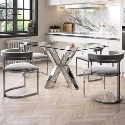 Furniture123 Glass Top Rectangle Mirrored Dining Table with 4 Grey Velvet Dining Chairs - Jade Boutique
