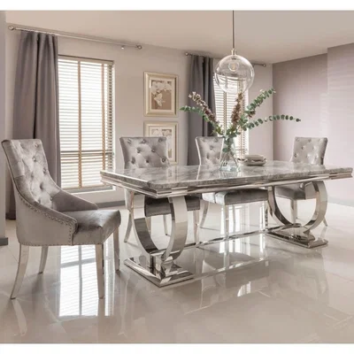 Furniture123 Grey Marble Dining Set with 180cm Table & Grey Velvet Chairs - Seats 4 - Arianna