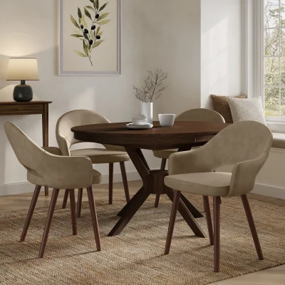 Furniture123 Round to Oval Walnut Extendable Dining Table Set with 4 Beige Faux Leather Chairs - Seats 4 - Karie