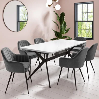 Furniture123 White Gloss Dining Table with 6 Logan Grey Velvet Dining Tub Chairs - Rochelle