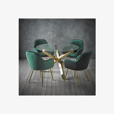Furniture123 Capri Glass Top Dining Table + 4 Green Velvet Dining Chairs with Gold Legs