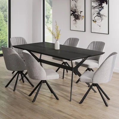 Furniture123 Black Dining Table with 6 Grey Fabric Swivel Dining Chairs - Rochelle