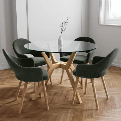Furniture123 Round Glass Dining Table Set with 4 Green Fabric Dining Chairs - Seats 4 - Nori
