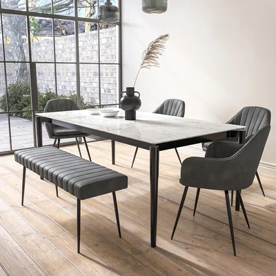 Furniture123 Extendable White Marble Dining Table with 4 Grey Faux Leather Dining Chairs and Matching Bench - Camilla